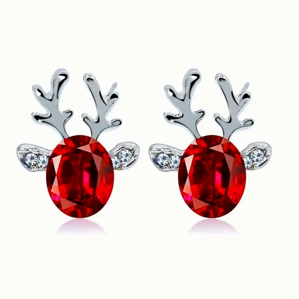 Cute Red Rhinestone Antler Stud • Christmas Reindeer Earrings